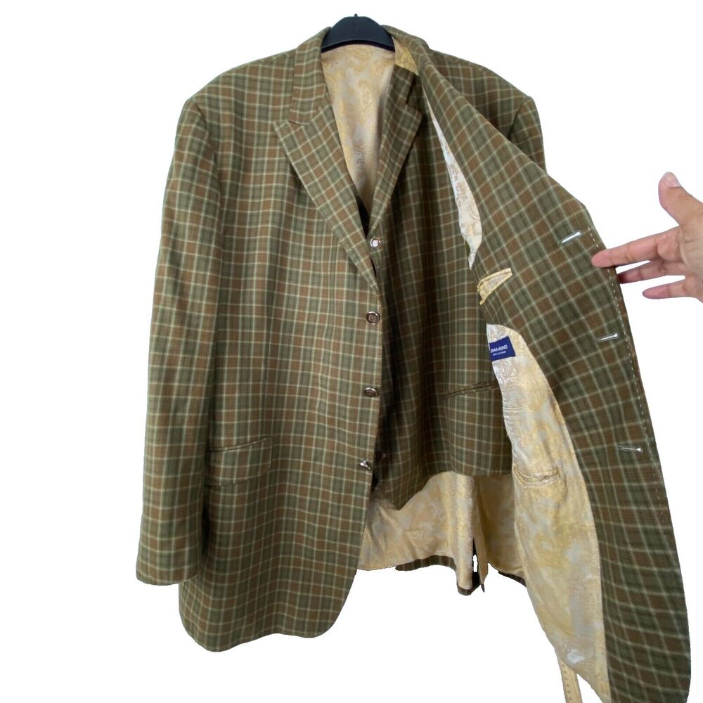 Men’s Sergio Valentino 2 PC Suit Size Wool Beige Green Brown Plaid Jacket/Vest